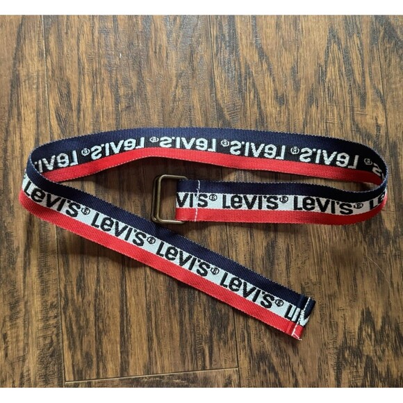 Vintage Levi's Belt Red White Blue Logo Striped Adjustable Fabric D Ring - Picture 3 of 6